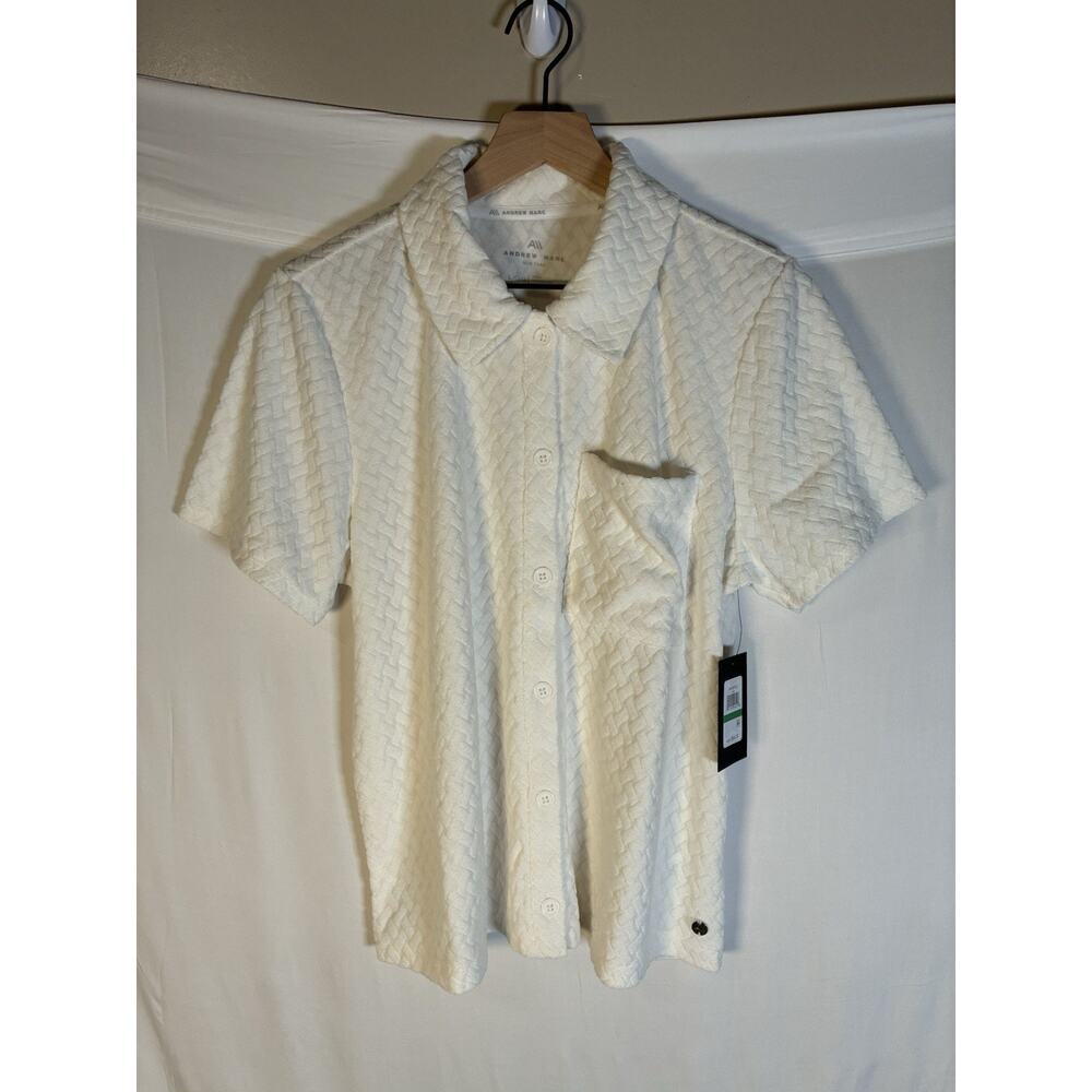 💰Andrew Marc New York Mens L NWT Ivory Texture Short Sleeve Shirt Resort Wear